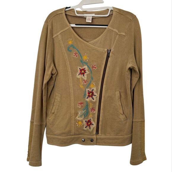 Sundance Jackets & Blazers - Sundance Zip Jacket Size 8 Tan Boho Asymmetrical Embroidered Floral Festival